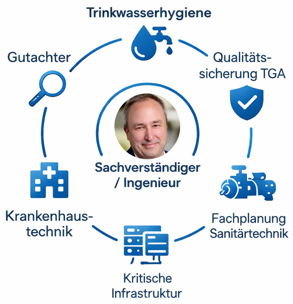 Jochen Braun im Zentrum seiner Kompetenzfelder: Trinkwasserhygiene, Qualitätssicherung TGA, Fachplanung Sanitärtechnik, kritische Infrastruktur, Krankenhaustechnik, Gutachter